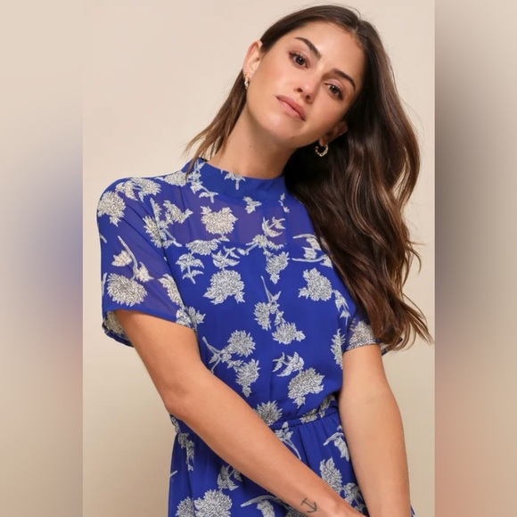 floral dressed up royal blue floral print midi dress | Womens | Small (Available in M, L) | 100% Polyester Regular side neck to